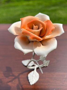 Vintage Capodimonte Italian Applied Porcelain Pottery Rose Flower Peach Orange